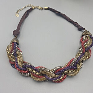 Ali-Khan Braided Mesh Chain Beaded Ribbon Necklace Multicolor Metallic‎ New York